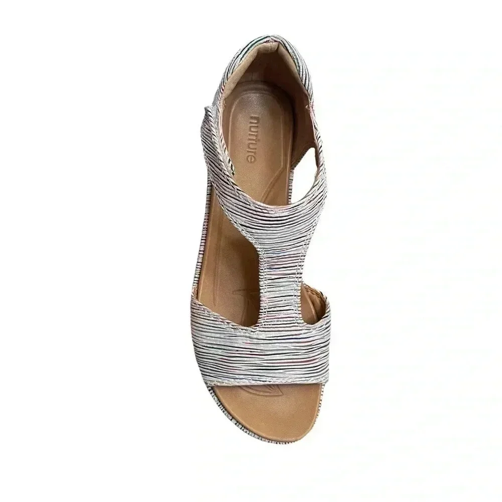 Nurture Multicolor Striped Leather Low Wedge Hook and Loop Sandals Womens size 8